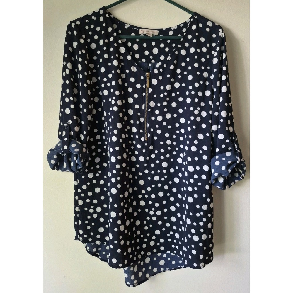 CB Established 1962 Top Size Medium Navy Blue Polka Dot Roll-Tab 3/4 Sleeve Zip